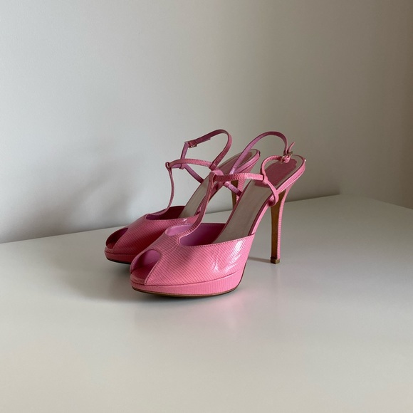 Dior Pink Lizard Embossed Peep Toe Platform Sandals - Picture 4 of 16